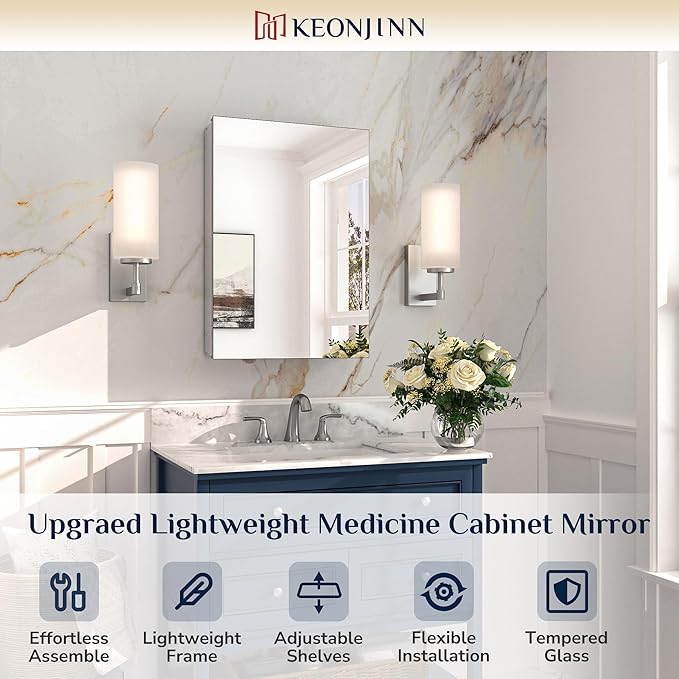 Keonjinn 16 x 24 Inch Medicine Cabinet, Bathroom Medicine Cabinet with Mirror, Lightweight Aluminum Structure, Assembly Required, in Wall or Wall Mount, Adjustable Shelves, Tempered Glass