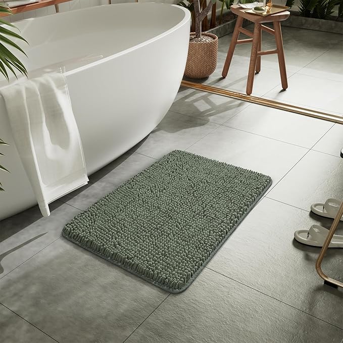 LOCHAS Luxury Bathroom Rug Shaggy Bath Mat 24 x 17 Inch, Washable Non Slip Bath Rugs for Bathroom Shower, Soft Plush Chenille Absorbent Carpets Mats, Sage Green