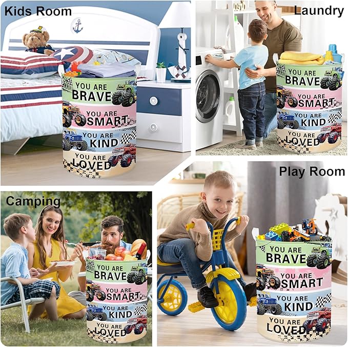 Cars Laundry Hamper Cartoon Vehicle Large Storage Basket Collapsible Parents Organizer Boy Toy Clothes Bins for Bedroom, Bathroom, Monster Truck, 63L