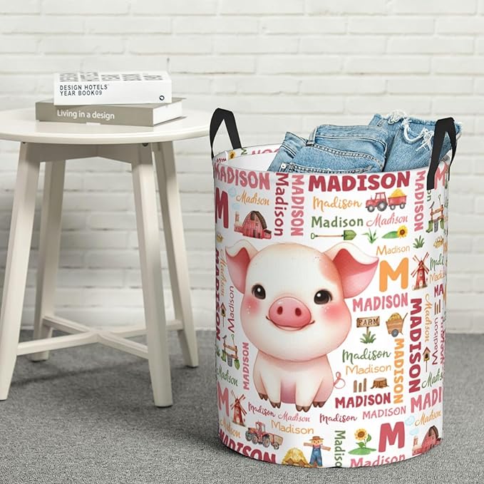 Personalized Farm Pig Laundry Basket For Baby Kids Boys Girls Adult Custom Hamper Basket With Name For Bathroom Bedrooms Collapsible Baby Laundry Basket, Dirty Clothes Hamper With Handles