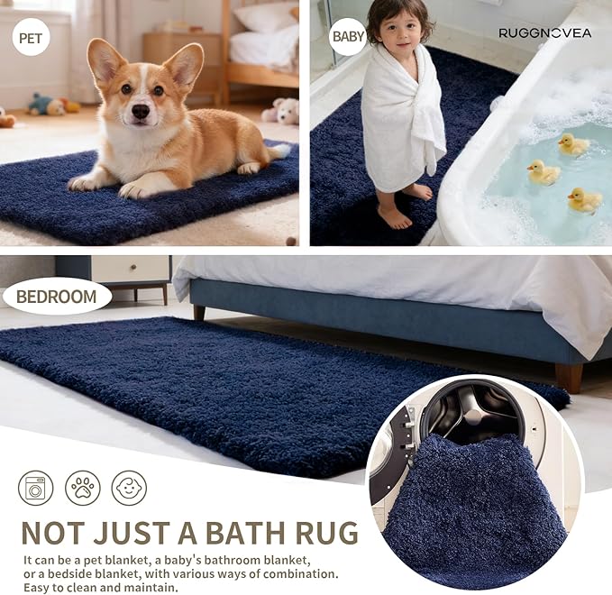 Bathroom Rugs Non Slip Washable 36x24, Ultra Thick Soft Microfiber Absorbent Bath Mats, High Density Foam Latex Non Slip Backing Bath Rugs, Fluffy Floor Carpet for Tub&Shower, Navy