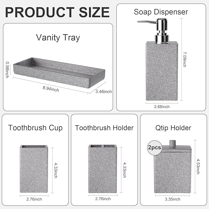 Gray Bathroom Accessories Set Resin 6PCS, Square Toothbrush Holders Set Complete with Soap Dispenser, Vanity Tray, Tumbler, Cups and Cotton Swab Jars for Counter, Sink or Small Spaces
