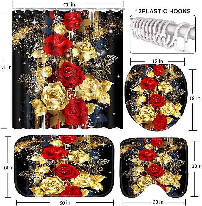 Poedist 4 Pcs Bathroom Set,Gold Dust Rose Shower Curtain Sets, Floral Shower Curtain Sets with Rugs(Bath Mat,U Shape and Toilet Lid Cover Mat) and 12 Hooks