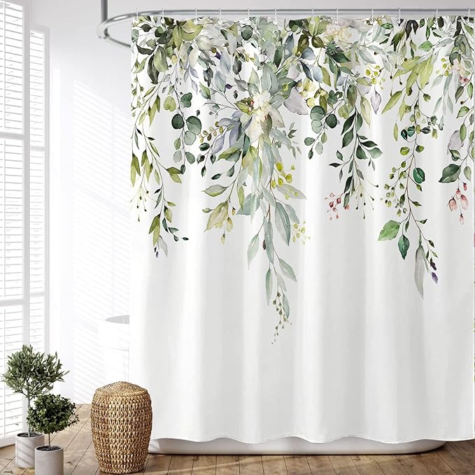 kampdream Green Eucalyptus Plant Shower Curtain, Watercolor Leaves On The Top Shower Curtain, Sage Green Spring Botanical Bathroom Curtain 72 ×78 Inch