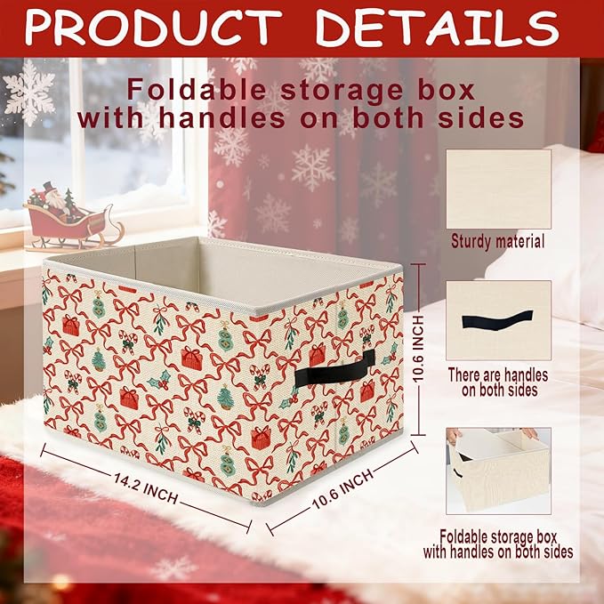 Coquette Red Bow Christmas Storage Bins, Preppy Girly Red and Green Christmas Tree Candy Canes Holiday Foldable Closet Organizers Storage Basket Toybox for Clothes Bed Sheets Blankets Toys