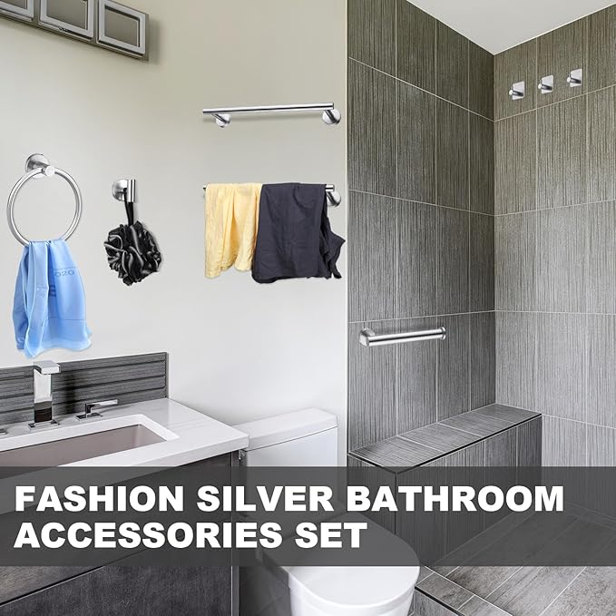 Blulu 28 Pcs Bathroom Hardware Set Stainless Steel Bathroom Accessories Set, Including 16'' Bath Towel Bar, Towel Rings, Robe Hooks, Toilet Paper Holders, Wall Mounted (Silver)