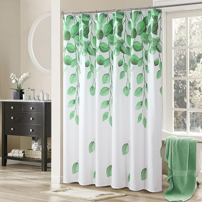 Green Leaf Fabric Shower Curtain, Watercolor Eucalyptus Leaves Plant Shower Curtain, Waterproof Decorative Boho Botanical Bathroom Curtains, 72" W x 72" H