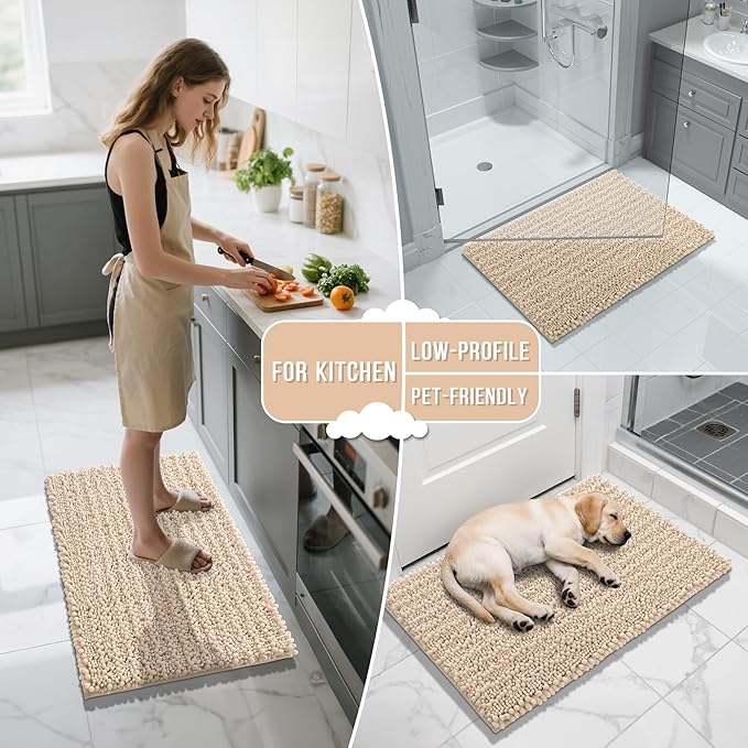 Yimobra Bathroom Rugs Non Slip Washable - Ultra Soft Absorbent Chenille Bath Mat, Quick Dry Shaggy Floor Carpet for Tub Shower, Light Brown Home Decor Accessories, 24x17 Inch