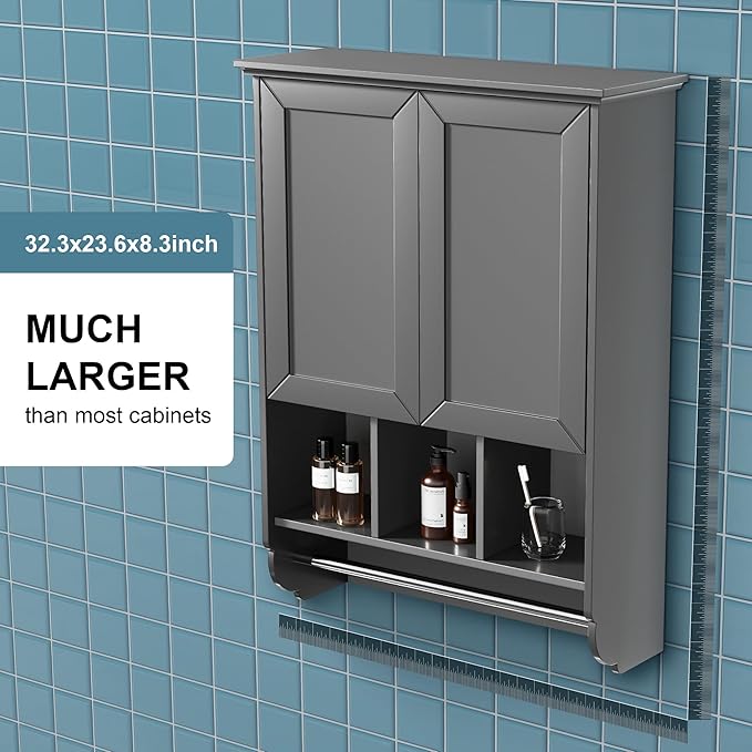 VANIRROR Bathroom Wall Cabinet with Towel Bar,Wooden Medicine Cabinet Adjustable Shelves,23x32 Inch Kitchen Cabinet,Over Toilet Storage Cabinet for Bathroom,Kitchen,Laundry