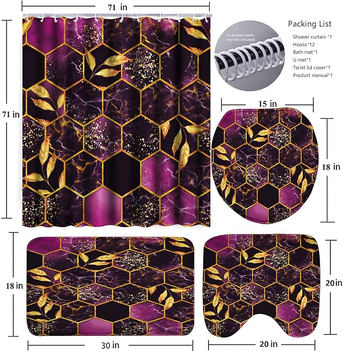 Poedist 4 Pcs Bathroom Shower Curtain Set,Purple Honeycomb Marble Bathroom Sets with Rugs(Bath Mat,U Shape and Toilet Lid Cover Mat) and 12 Durable Hooks