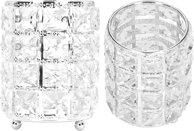 Pilipane European sty1e Rounded Crystal Glass Cosmetic Lunch Box for Bathroom Home Bedroom Office (Silver), Acrylic Makeup Brush Holder Lunch Box, Clear Pencil Pen Holder, Makeup Brush Holder