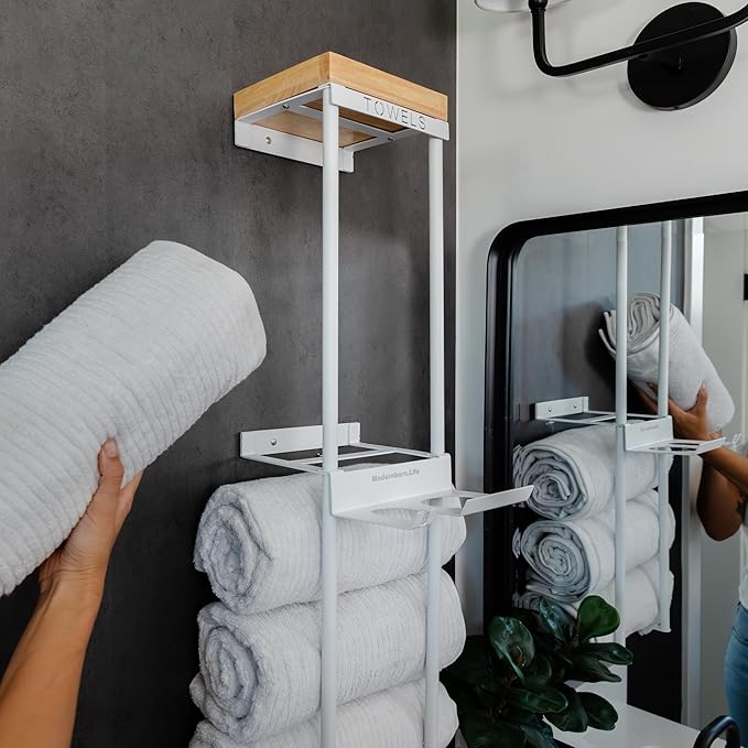 Over The Door/Wall Mounted Towel Rack - Modern Door & Wall Towel Holder for Rolled Towels with Hair Slot Dryer & Multipurpose Cup Holder - Hanging Towel Rack for Bathroom Holds 6 Large Towels - White
