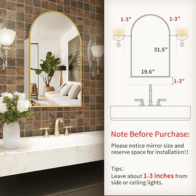 Arched Gold Medicine Cabinet with Mirror, 20x32 Inch Surface Mount Bathroom Storage Cabinet, Wall Mounted Mirror Cabinet with Adjustable Glass Shelf, Left or Right Door Opening, Brushed Gold Finish