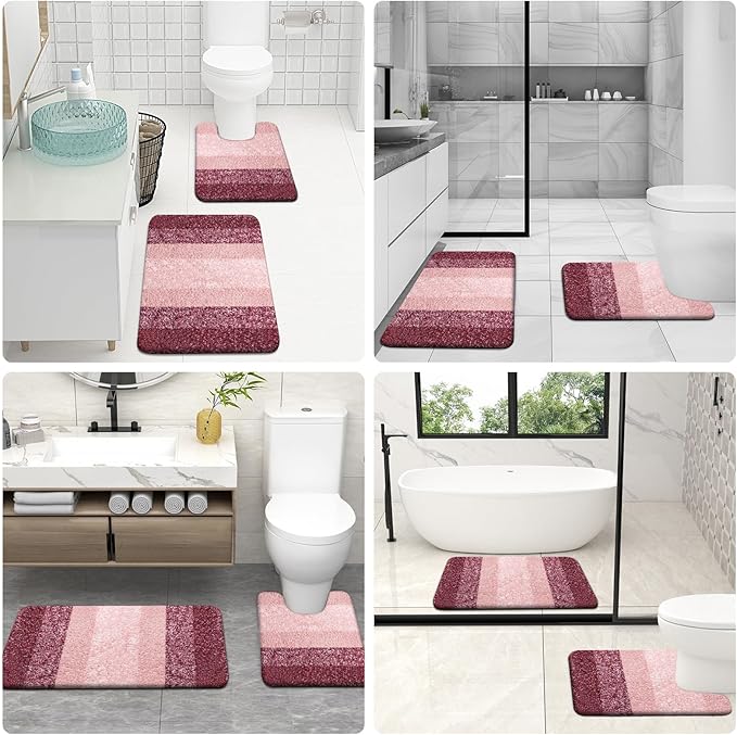 OLANLY Bathroom Rugs Sets 3 Piece, Soft Absorbent Microfiber Bath Mats and U-Shaped Contour Toilet Rug, Plush Shaggy Bath Mat Set for Bathroom (36"x24"+24"x16"+24"x20", Red)