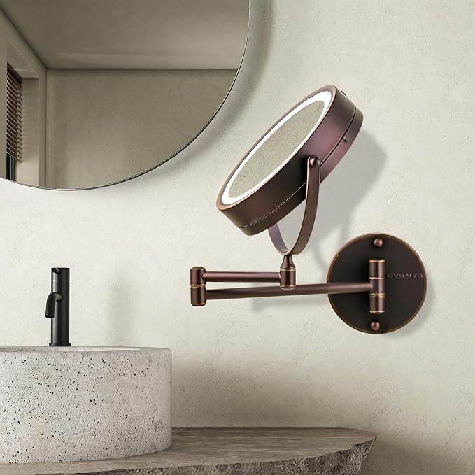 OVENTE Wall Mounted Lighted Makeup Mirror, 7" Double Sided 1X/10X Magnifying Vanity Mirror for Bathroom with LED Lights, Cordless, 360° Rotation and 13" Extendable Arm, Antique Bronze MFW70ABZ1X10X