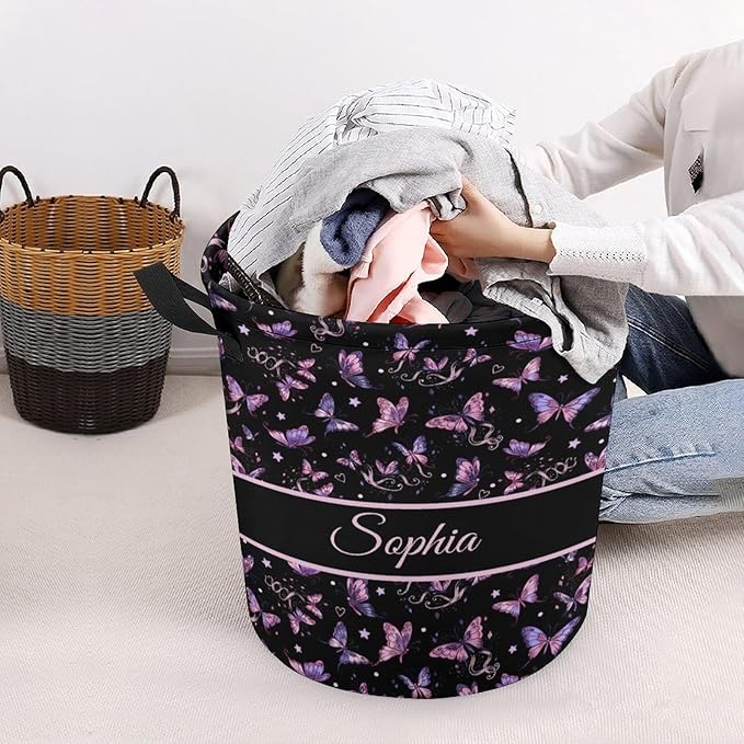 ZOE DAVISON Custom Butterfly Laundry Baskets,Personalized Butterfly Gifts for Kids,Girls,Cute Laundry Hamper for Kids Baby Adults,Collapsible Clothes Storage Organizer,One Size
