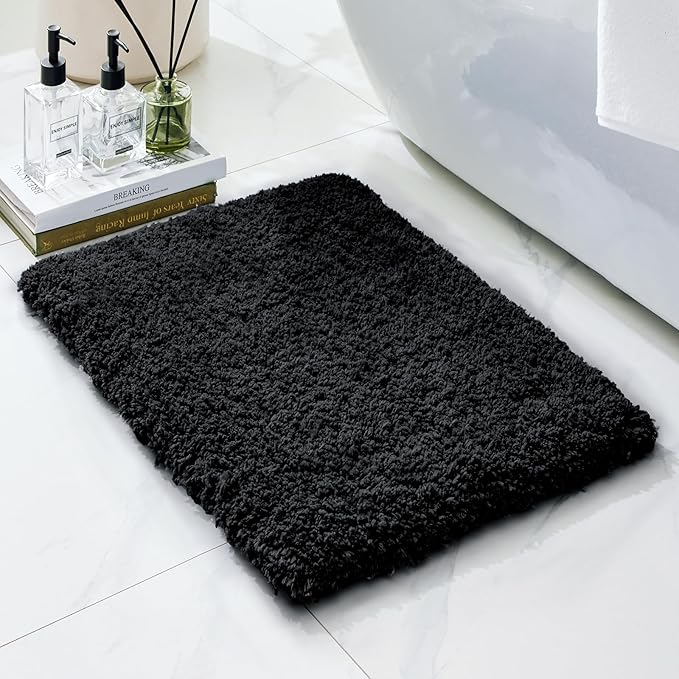 Bathroom Rugs Non Slip Washable 32x20, Ultra Thick Soft Microfiber Absorbent Bath Mats, High Density Foam Latex Non Slip Backing Bath Rugs, Fluffy Floor Carpet for Tub&Shower, Black