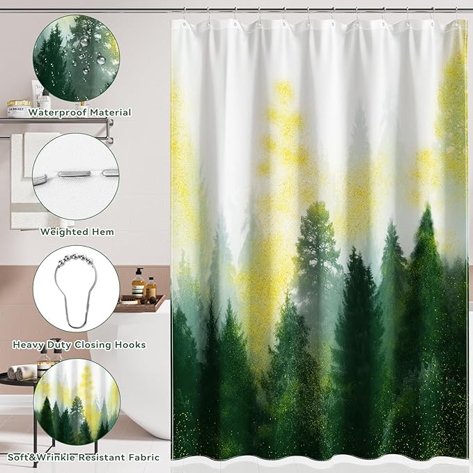 Green and Gold Bathroom Accessories, Bathroom Sets with Shower Curtain and Rugs, Bath Rugs Accessory Set with Bathroom Trash Can, Soap Dispenser, Soap Dish for Home Decor
