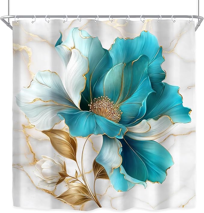 Riyidecor Teal Gold Marble Floral Shower Curtain for Bathroom Decor 72Wx72H Turquoise Abstract Ombre Flower Luxury Modern Minimalist Art Printed Fabric Polyester Waterproof 12 Pack Plastic Hooks