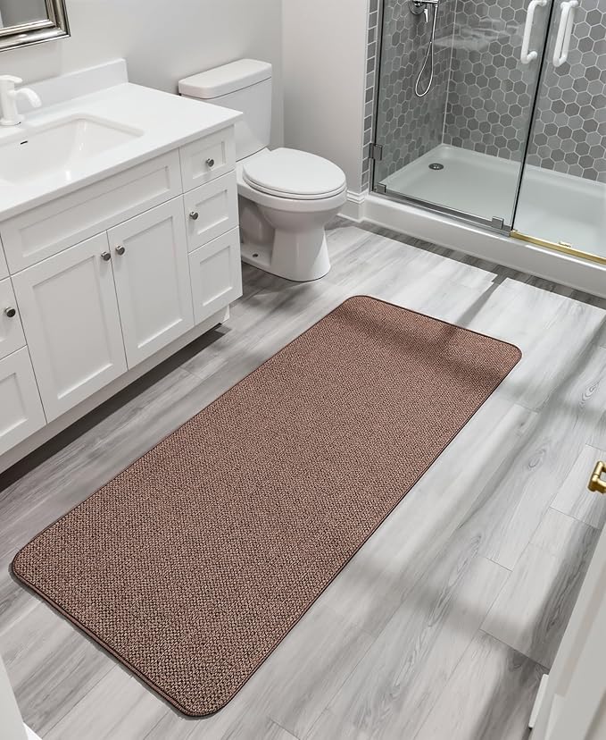 Bath Mat,Ultra Thin Bathroom Runner Rugs,Large Bath Mats for Bathroom,Quick Dry,Non-Slip,Machine Washable,Low Pile,Bath Rug,Shower Outside,Sink,Home Decor Accessories.Brown,2'x5'(24x60inch)