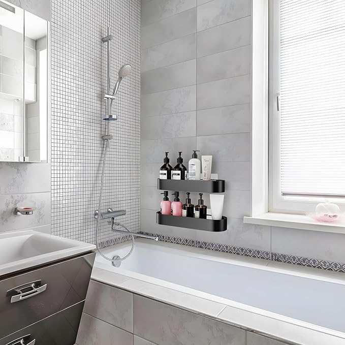 XX Large Adhesive Shower Caddy, 15.8 In Rustproof Metal Bathroom Organizers and Storage with 4 Hooks, No Drilling Shower Shelves for Inside Shower for Bathroom, Dorm and Kitchen(2 Packs)