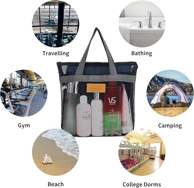 TOPASION Mesh Shower Caddy Bag Portable Hanging Toiletry and Bath Organizer with Zipper for Travel, Gym, Camping, College Dorms, Beach