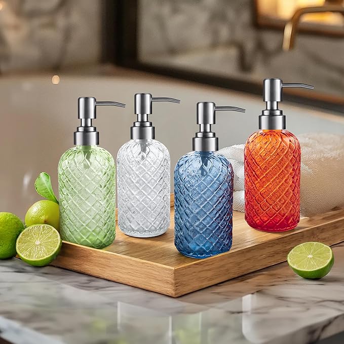 14 Oz Refillable Glass Soap Dispenser with Rust Proof Stainless Steel Pump, for Dispense Hand soap, Body wash, Lotion