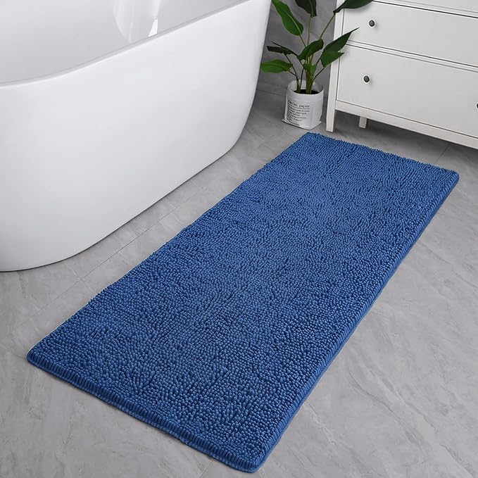 LOCHAS Luxury Bathroom Rug Shaggy Bath Mat 24 x 70 Inch, Washable Non Slip Bath Rugs for Bathroom Shower, Soft Plush Chenille Absorbent Carpets Mats, Blue