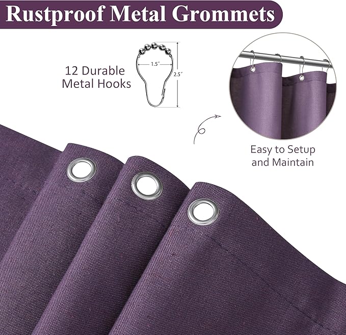Naturoom Purple Linen Shower Curtain, Country Boho Farmhouse Bath Decor Shower Curtains Neutral Cloth Weighted Textured Fabric Bath Curtain Liner with Hooks, 72x78