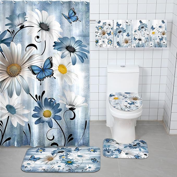 FuWeave 8 Pcs Rustic Farmhouse Shower Curtain Sets for Bathroom Daisy Floral and Butterfly Shower Curtain Sets with Rugs, Flowers Towels, Non-Slip Rug, Toilet Lid Cover, Bath Mat and 12 Hooks (Blue)