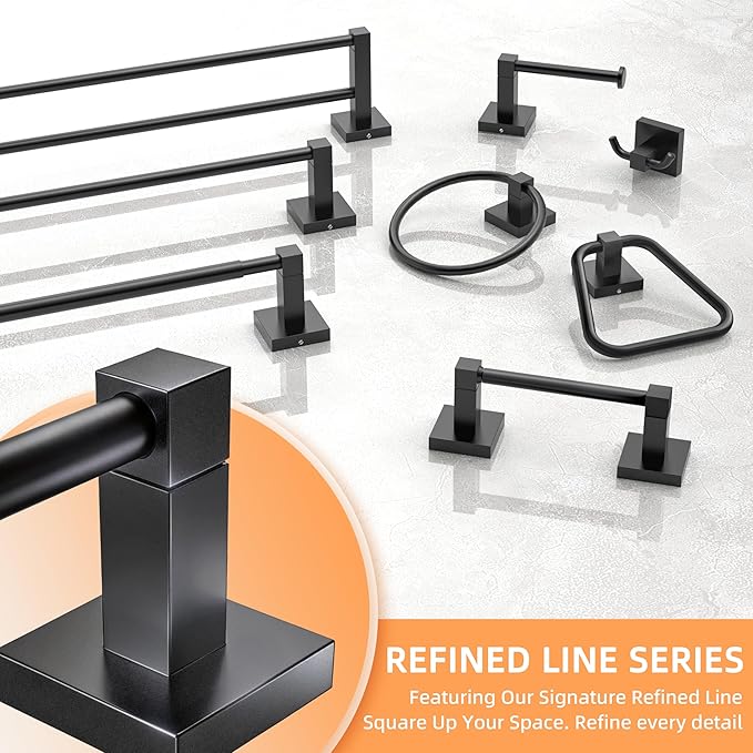 RUACQ Towel Ring-Matte Black Towel Holder Square Base Stainless Steel and Zinc Alloy Modern Wall Mounted