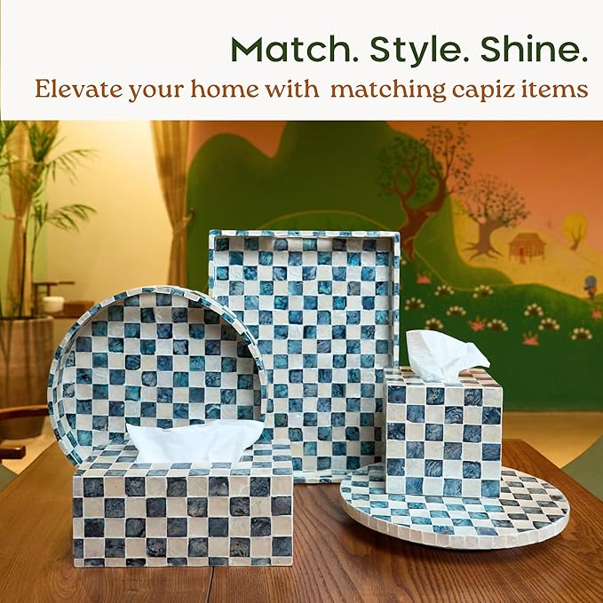 CHI AN HOME 5.7" Square Tissue Box Cover, Handmade Checkered Cube Tissue Box Cover with Capiz Shells, Decorative Tissue Holder for Living Room, Bathroom, Bedroom or Office (Navy Blue)