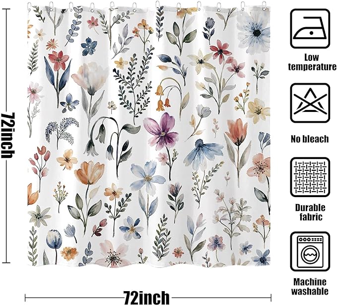 Aipon Watercolor Floral Shower Curtain Colorful Spring Flower Shower Curtains for Bathroom Boho Grey Pink Wildflower Botanical Leaf Waterproof Fabric Bath Curtain Decor 72 X 72 Inches