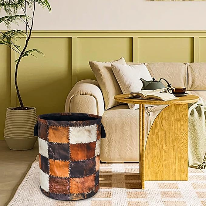 Cow Print Laundry Basket Funny Brown Cowhide Foldable Waterproof Oxford Cloth Tote Bag Laundry Hamper Round Large Clothes Storage Bucket Toy Organizer For Bathroom/Laundry Storage/Bedroom 18.9x16.5 In