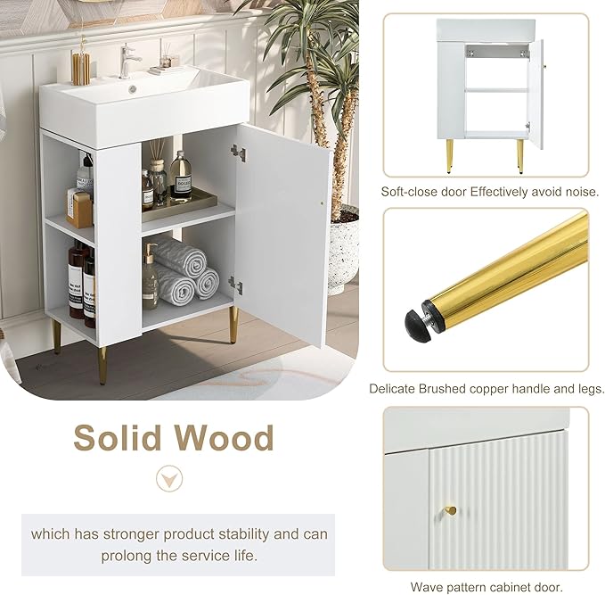 Virubi 21.6 in Small Bathroom Vanity with Sink,Doors and Storage Shelves,Wood Modern Single Fluted Bathroom Sink Cabinet Freestanding (White,Left Shelf)