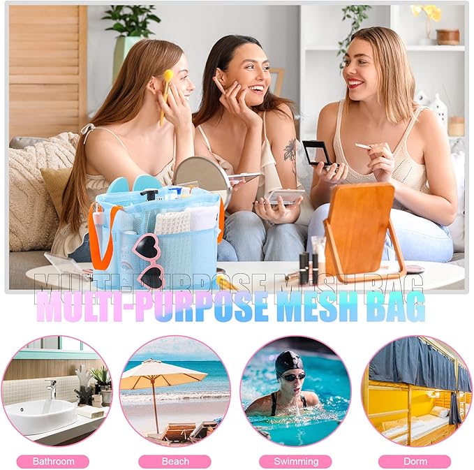 Talltalk 3 Pcs Mesh Shower Caddy Portable with Drawstring Dorm Essentials with 8 Pockets Hanging Shower Caddy Basket Quick Dry Toiletry for College Bathroom, Camping, Swim, Gym (Macarons Color)
