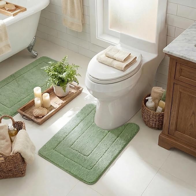 GRANNY SAYS Toilet Rugs U Shaped Washable Non Slip, Toilet Mats for Bathroom Soft Plush Shaggy Absorbent, Microfiber Bath Mats for Bathroom Toilets Cute Decor, 20" x 24", Green