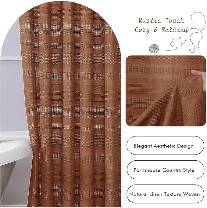 OVZME Terracotta Shower Curtain for Bathroom - Farmhouse Linen Textured Shower Curtain with Tassel, Rustic Striped Heavy Duty Vintage Country Bathroom Curtain, 72Wx72L Inches