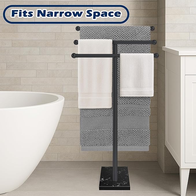 Standing Towel Rack with Marble Base, 3-Tier Free Standing Towel Racks for Bathroom, 40" Height Floor Towel Stand Holder for Bathroom, Black