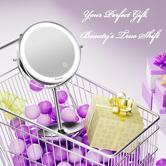 Auxmir 8" Lighted Makeup Mirror Rechargeable 1X/10X Magnifying Mirror with 3 Dimmable Colors Light, Double Sided Vanity Mirror with Stand, 360° Rotation Touch Screen Tabletop, Chrome