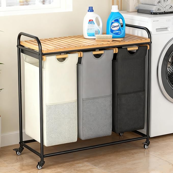 BambooHomie Laundry Hampers 3 Section, Laundry Sorter with Removable Shelf and Pull-Out Bags, Rolling Cart Clothes Hampers Basket with Wheels for Laundry Room Bathroom, 3 x 45 L (Black Beige Gray)
