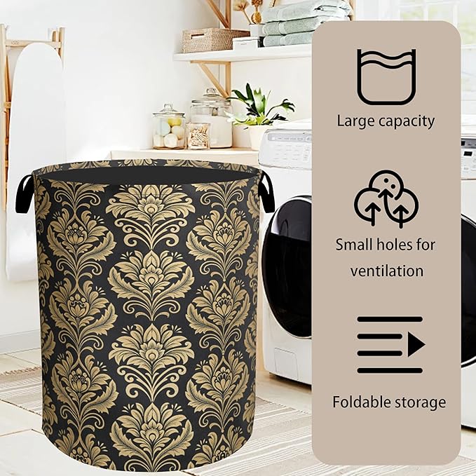 Gold Black Damask Flowers Laundry Basket - Extra Large Foldable Washable Laundry Hamper with Handles, Storage Bin for Bathroom/Laundry/Bedroom/Dorm