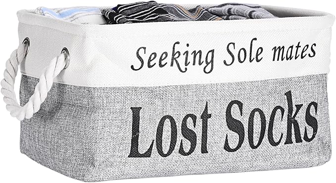 2 Pack Lost Socks Basket for Laundry Room, Fabric Missing Sock Holder for Single Sock Organization, Collapsible Lost Socks Bin Stockings Container, Farmhouse Laundry Room Decor and Accessories