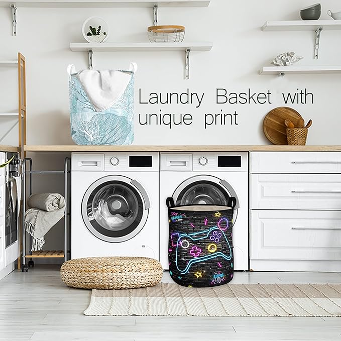 Gamer Laundry Basket Boys Hamper Foldable Kids Clothes Hampers Storage Basket Toy Organizer Boys Bedroom Decor (Neo gamepad, 43L)