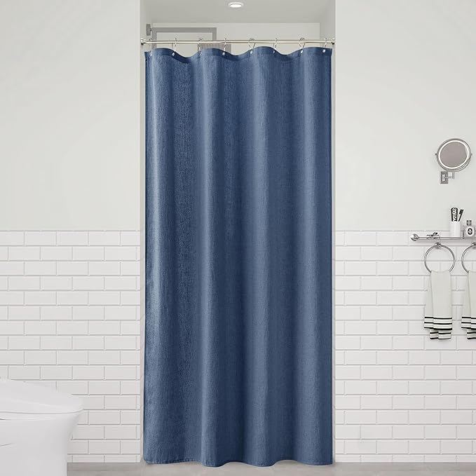 Naturoom Vintage Blue 42 Inch Shower Curtain - Stall Narrow Half Linen Ultra Thick Fabric Shower Curtain Set with Hooks, Boho Farmhouse Rustic RV Camper Bath Curtains for Bathroom, 42x72