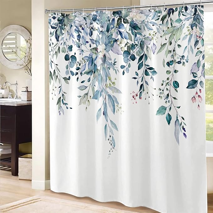 kampdream Teal Blue Plant Shower Curtain, Watercolor Eucalyptus Leaves On The Top Botanical Bathroom Shower Curtain 72 ×72 Inch