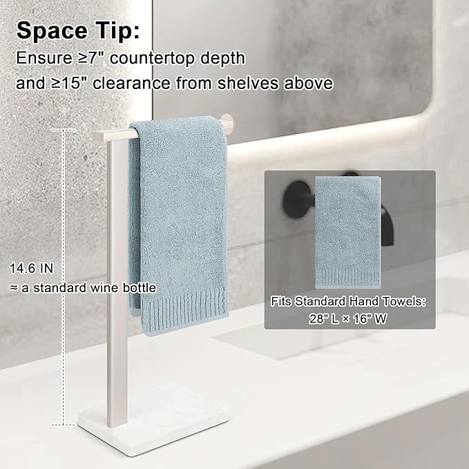 HarJue Hand Towel Holder Stand, 14.5" Hand Towel Rack with Weighted Marble Base, 304 Stainless Steel L-Shape Standing Towel Bar for Vanity Bathroom Kitchen Countertop (Brushed Nickel)