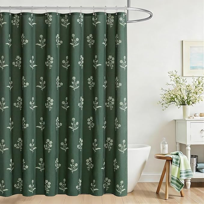 ORTIGIA Linen Shower Curtain Farmhouse Vintage Shower Curtains Set Boho Green Floral Cottagecore Rustic Block Print Decor for Bathroom 72 W x 72 L