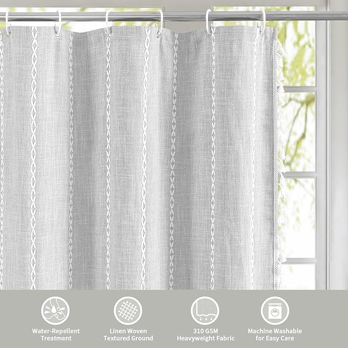 MitoVilla Boho Extra Long Shower Curtain 72 x 96, LightGrey Modern Farmhouse 96 inch XL Polyester Linen Texture Tassel Fabric Shower Curtain Set with Hooks for Cottagecore Country Bathroom Decor