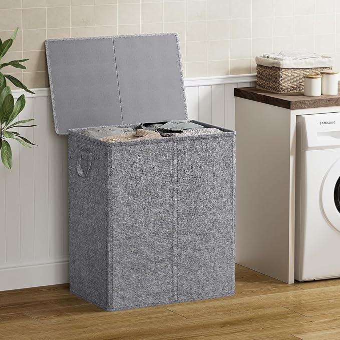 Chrislley 140L Laundry Hamper 2 Section, Double Laundry Basket with Lid, Large Dirty Clothes Hamper with Removable Liner Bags, Collapsible Laundry Organizer for Bedroom, Dorm,Grey